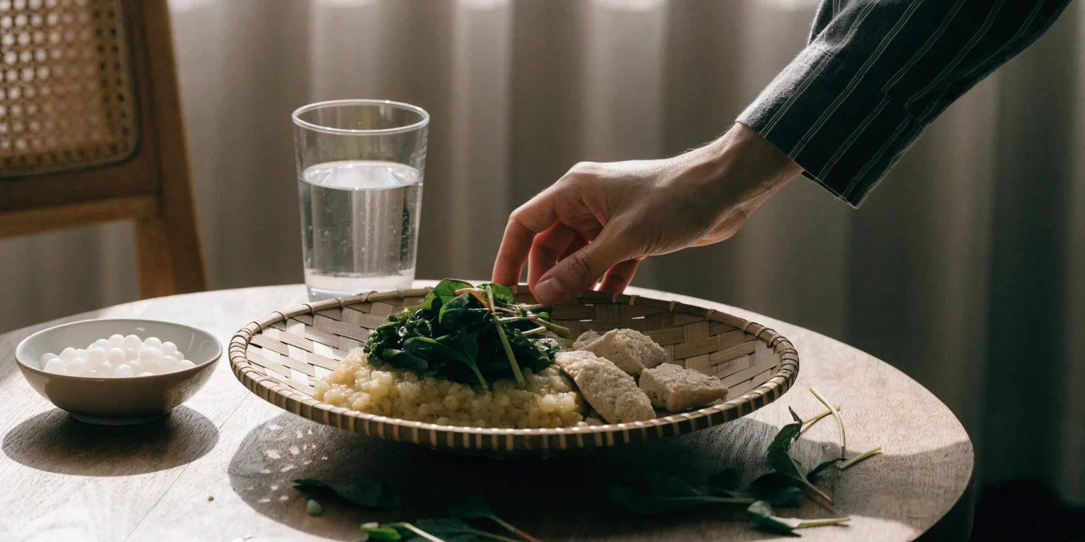 Hands arranging a simple home meal on a woven mat: papeda, cooked greens, tempeh, and water