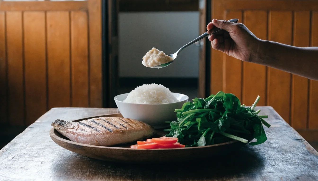 An everyday family table with papeda, greens, grilled fish and water arranged for a shared meal