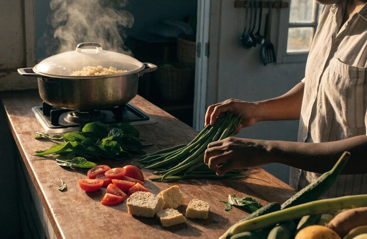 Fresh market vegetables, tempeh, and a pot of rice laid out on a home kitchen counter while a cook arranges them