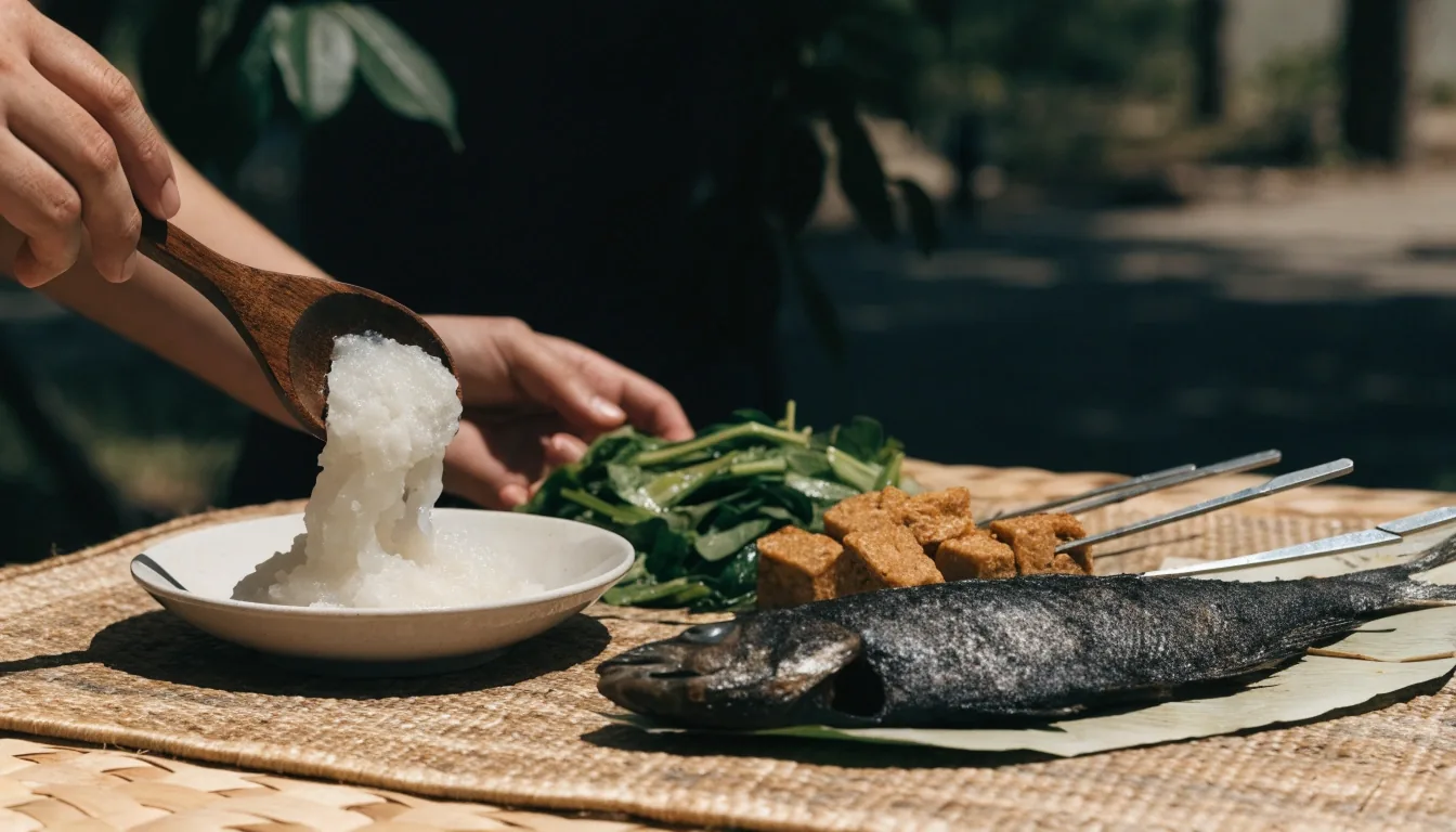 Overhead view of an Indonesian family table with papeda, greens, fish and tempeh