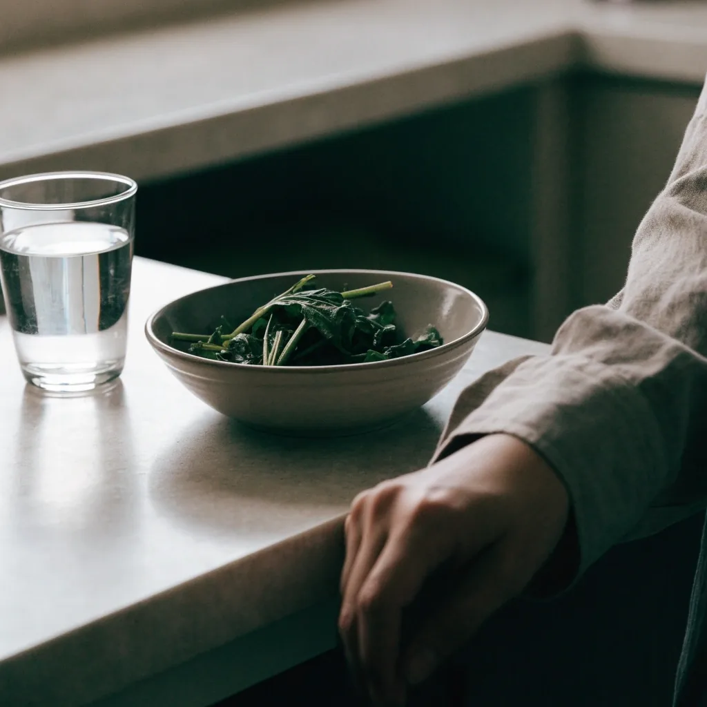 A plain kitchen table with a glass of water, a bowl of cooked greens, and a hand resting nearby